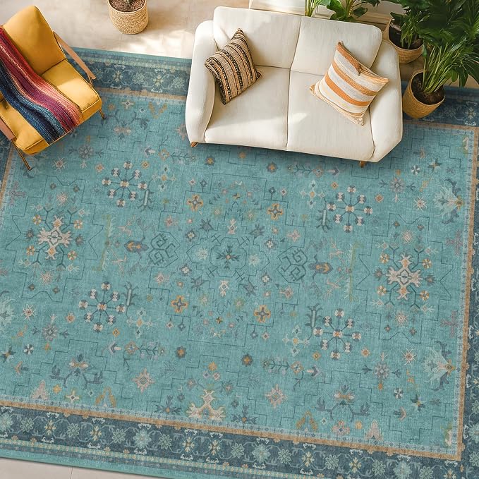 Boho 9x12 Large Teal Green Washable Living Room Rug by HazoHaus