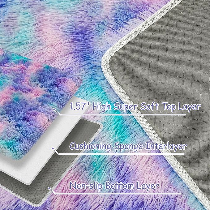 Small Area Rug for Bedroom 2x3ft Mini Tie-Dye Purple Rainbow Fluffy Rug Mat - Image 5