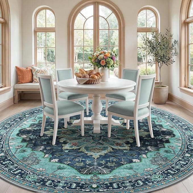 RELEANY Area Rugs 8ft Washable Non-Slip, Floral Vintage Distress Print Pattern by RELEANY