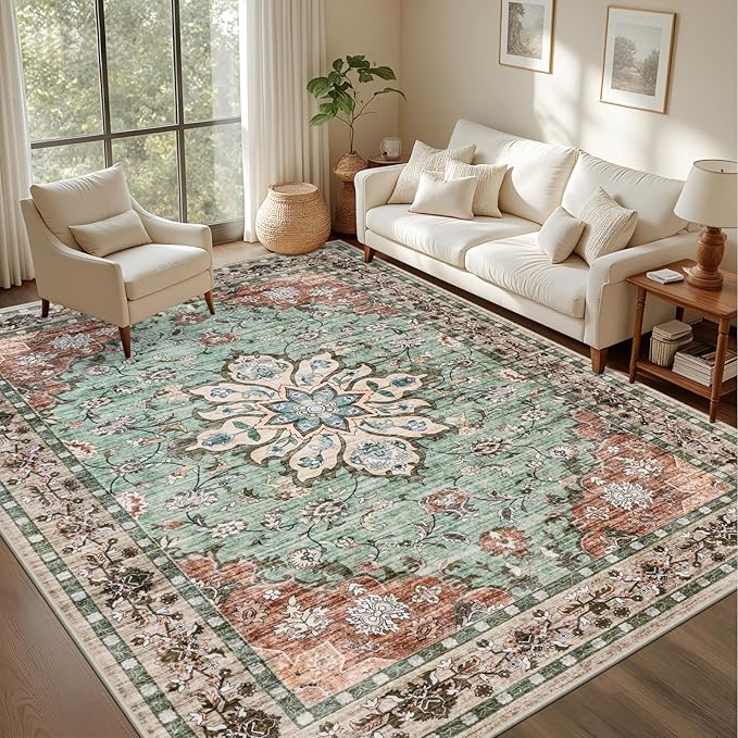Area Rugs 9x12 Living Room Rug: Washable Rug Soft Vintage Distressed Floral - Image 3