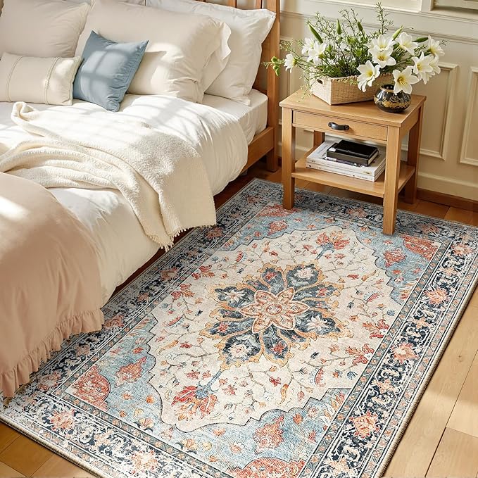 RELEANY Area Rugs 3'x5' Washable Non-Slip, Floral Vintage Distress Print by RELEANY