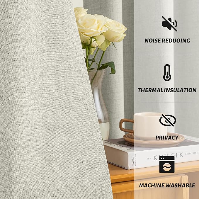 Yakamok Cream Linen Curtains 100% Blackout 84 Inches Long, Room Darkening - Image 5