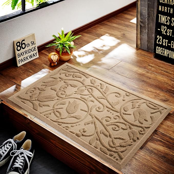 Boho Beige Floral Leaves Outdoor Indoor Entrance Doormats, Absorbent Durable - Image 4