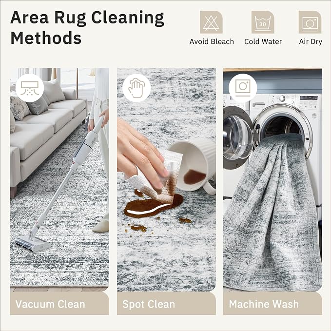 Area Rug 10x12 Vintage Washable Living Room Large Gray Carpet Non Slip Bedroom - Image 7