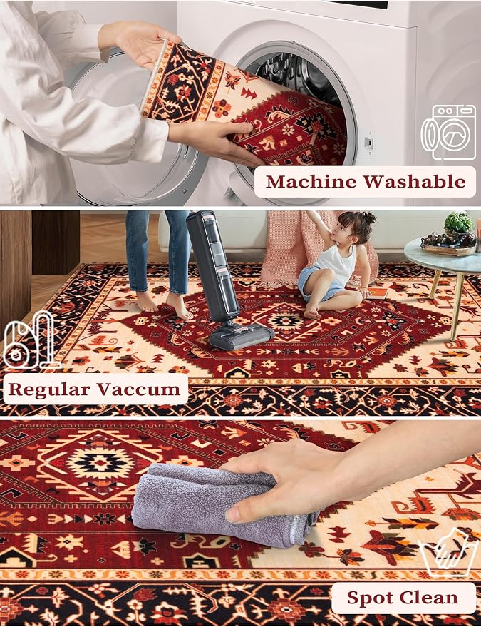 SERISSA Boho Washable Runner Rug, 2x6 Rug Runner Non-Slip Vintage Red Black - Image 2
