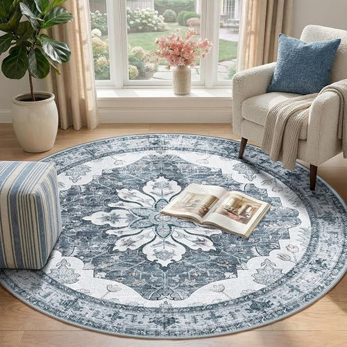 Area Rugs 4ft Washable Non-Slip, Floral Vintage Distress Print Pattern - Image 2