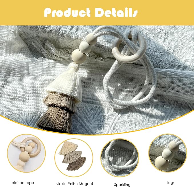 SRG Rope Curtain Tiebacks with Tassel Boho 2 PCS Handmade Wooden Ring Curtain - Image 4