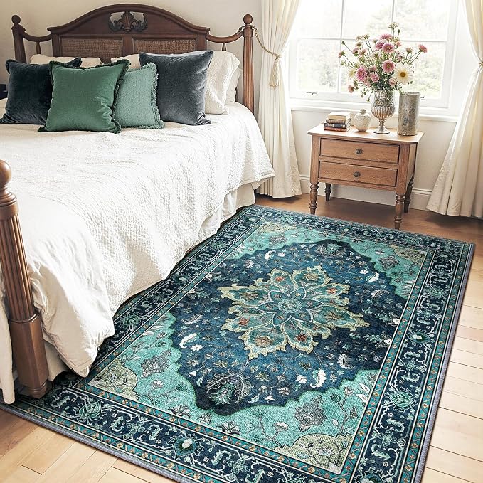 Area Rugs 5'x7' Washable Non-Slip, Floral Vintage Distress Print Pattern - Image 2