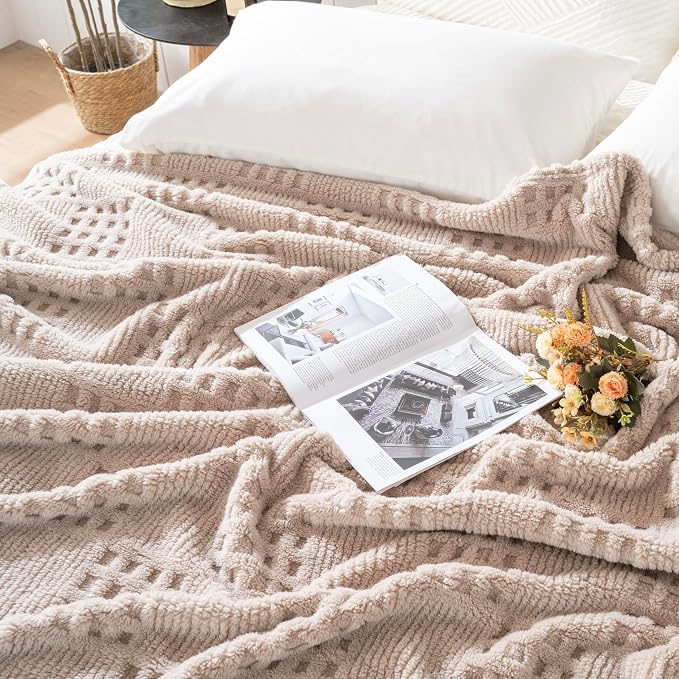 60x80 Inch Waffle Brown Twin Blanket -Fluffy Fleece, Neutral Tan Color - Image 6