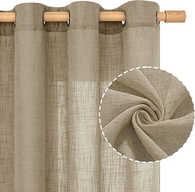 LAMIT Taupe Semi Sheer Linen Curtains 63 Inch Length, Light Filtering Panels - Image 2
