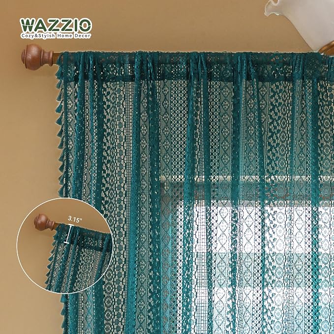WAZZIO Boho Lace Curtains 84 Inches 2 Panel, Light Filtering Privacy Tassel & - Image 7