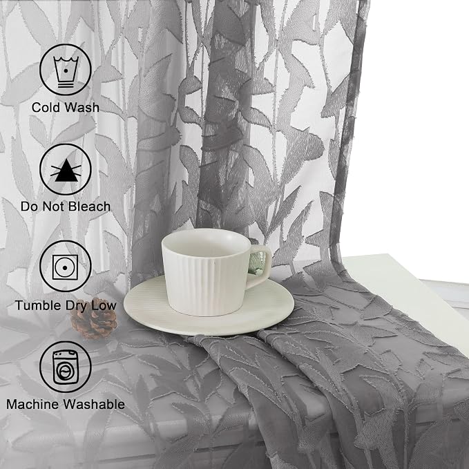 Lecloud Leia Charcoal Grey Sheer Curtains 96 Inches Long 2 Panels, Airy Leaf - Image 9