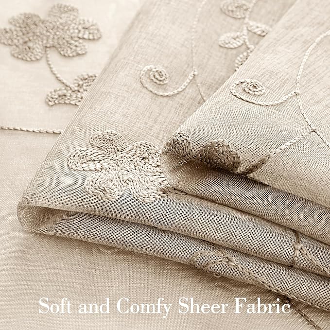 HOMEIDEAS Taupe Sheer Curtains 96 Inches Long 2 Panels Beige Embroidered Floral - Image 3