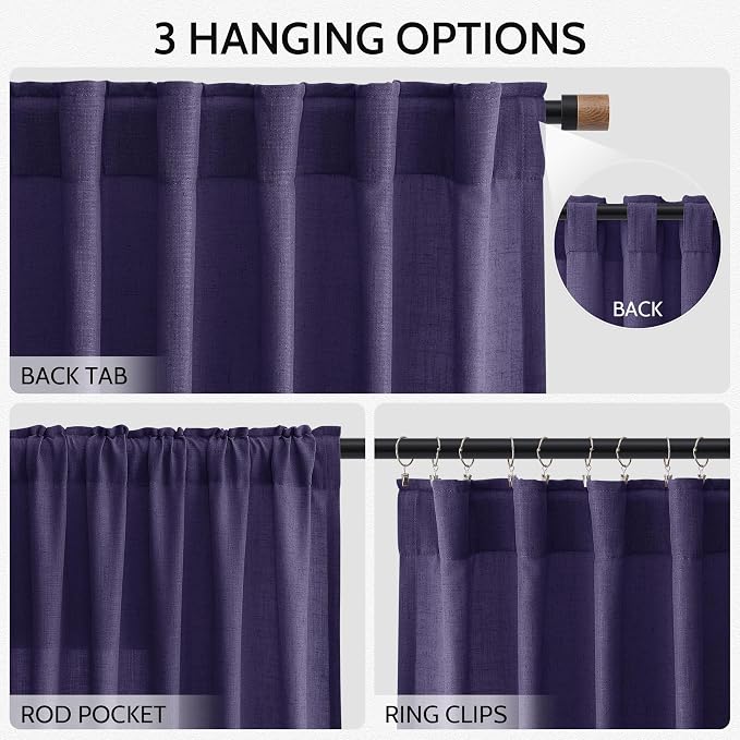 Nanspring Purple Linen Blend Light Filtering Back Tab Curtains 108 Inches Long - Image 3