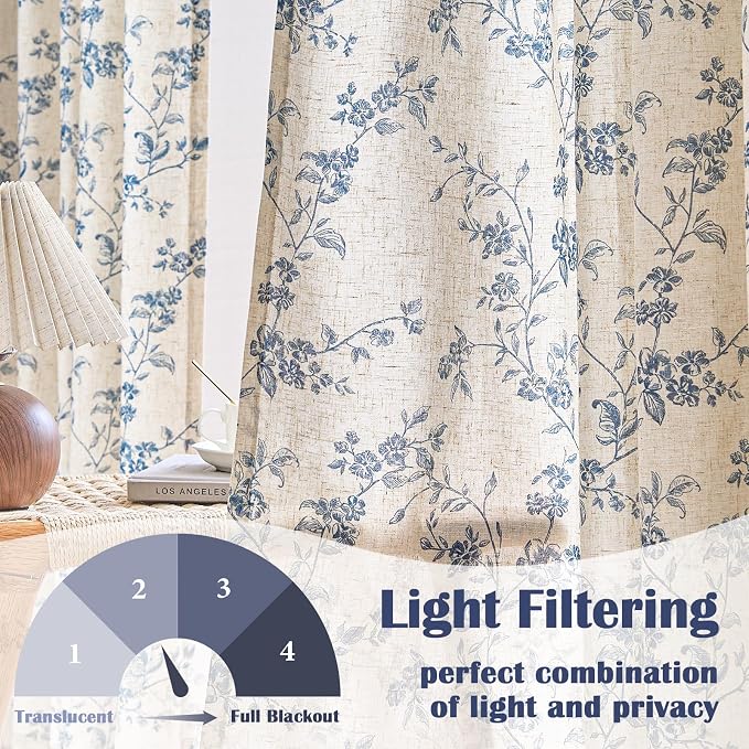 Lazzzy Blue Floral Linen Curtains 96 Inch Farmhouse Back Tab Drapes - Image 3