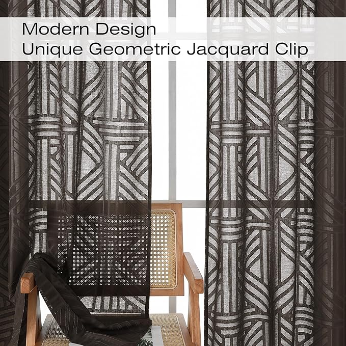Simplebrand Chocolate Semi Sheer Curtains 54 Inch Length 2 Panels, Geometric - Image 3