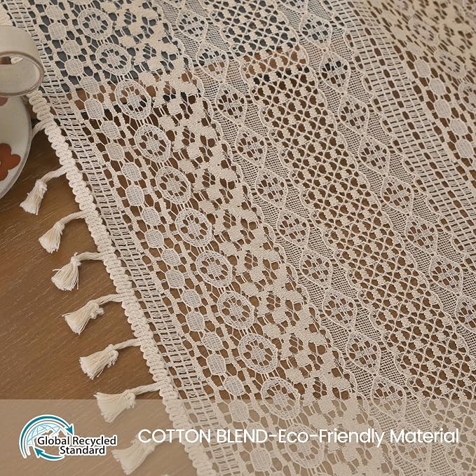 WAZZIO Boho Lace Curtains 90 Inches 2 Panel, Light Filtering Privacy Tassel & - Image 2