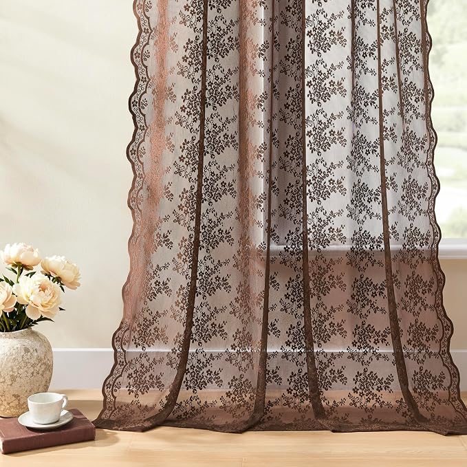 YJ YANJUN Vintage Lace Curtains 72 Inches Long- Country Brown Floral Curtains - Image 5