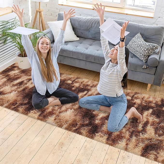Super Soft Fluffy Living Room Area Rug 2x10 ft Tie-Dyed Brown Shaggy Furry - Image 2