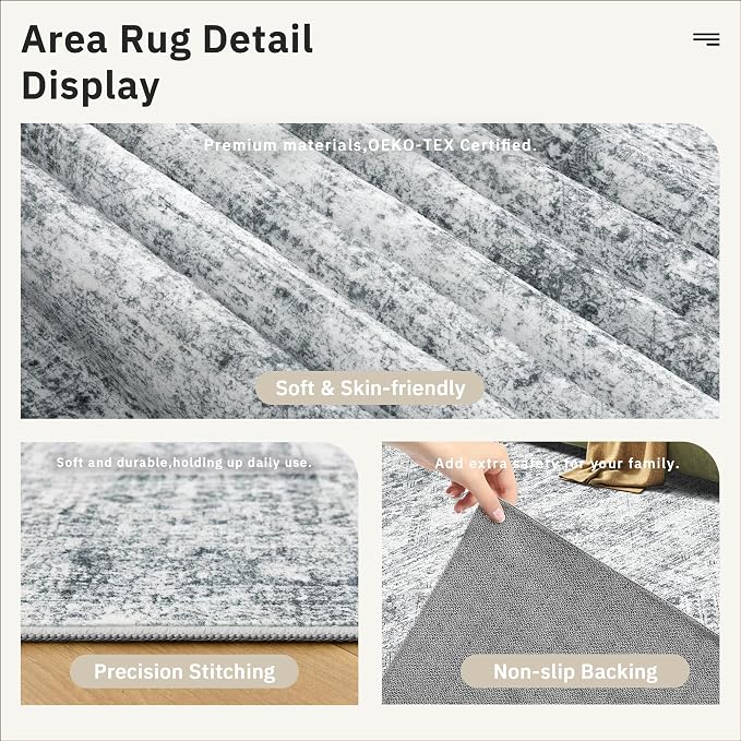 Area Rug 10x12 Vintage Washable Living Room Large Gray Carpet Non Slip Bedroom - Image 8