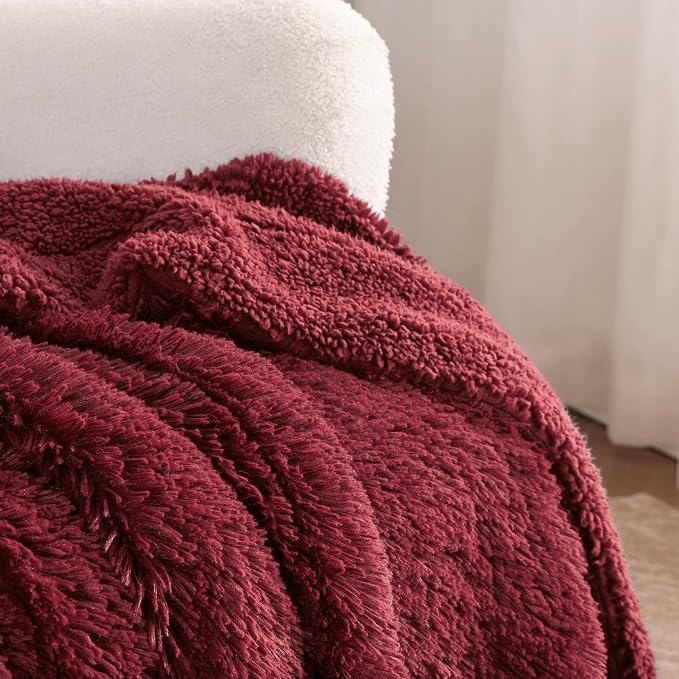 Bedsure GentleSoft Fuzzy Sherpa Faux Fur Twin Blanket Burgundy Red Cozy Gifts - Image 4
