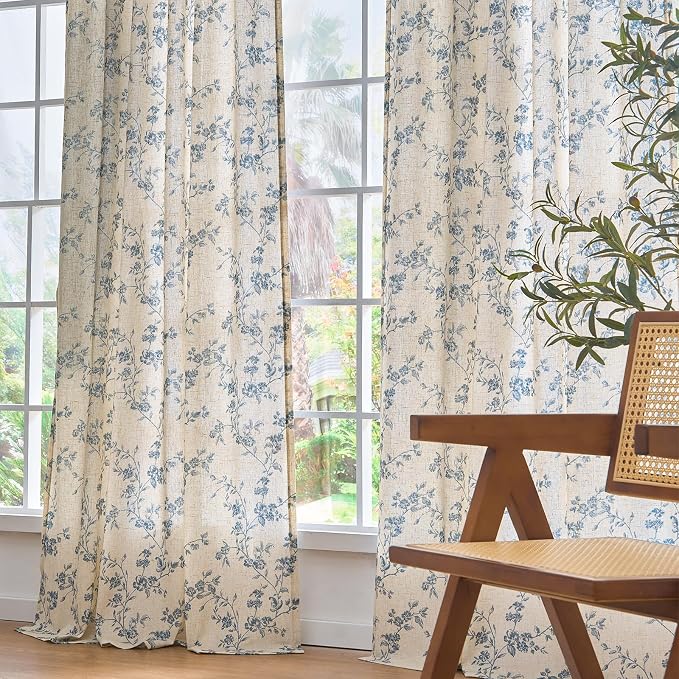 Lazzzy Farmhouse Linen Curtains Extra Long Blue Floral Curtains 108 Inch Long - Image 9