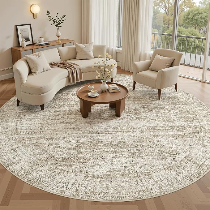 8x8 Brown Round Rug 8ft Living Room Circle Rug Vintage Round Area Rug Non Slip by Soalmost