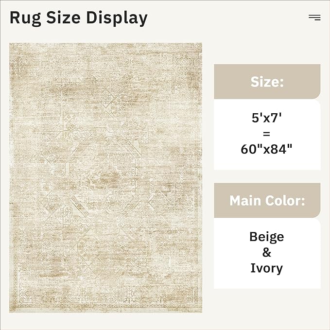 5x7 Area Rugs Beige Low Pile Indoor Washable Trendy Faded Style Floral Rugs - Image 3