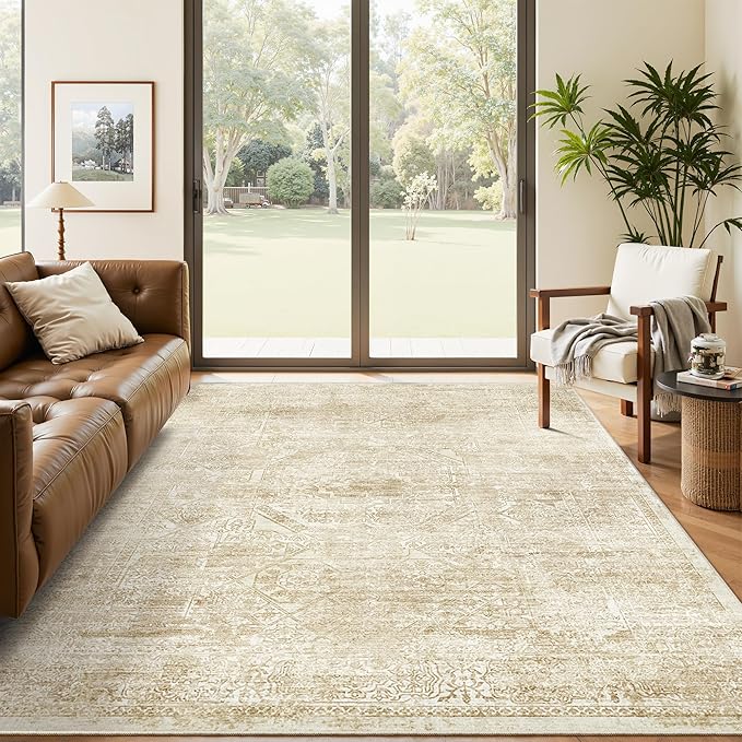 5x7 Area Rugs Beige Low Pile Indoor Washable Trendy Faded Style Floral Rugs by Soalmost