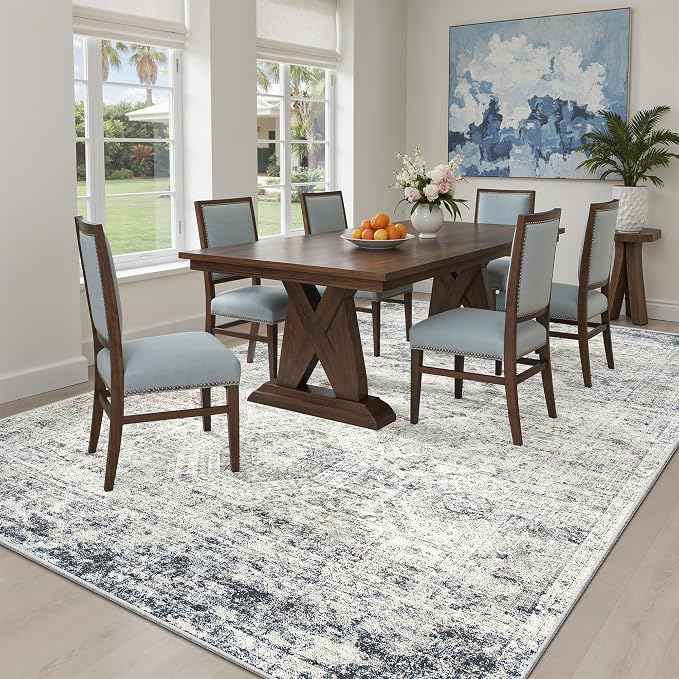 5x7 Area Rugs Blue Ivory Low Pile Indoor Washable Trendy Faded Style Rugs - Image 4