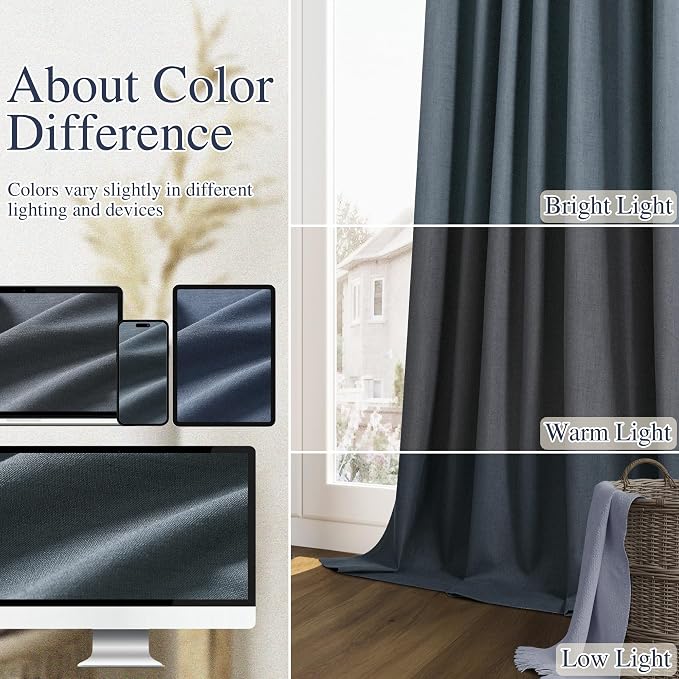 Guken Vintage Blue 100% Blackout Linen Curtains 72 Inch Length 2 Panels Set - Image 7