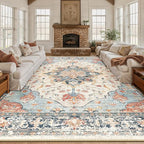 Area Rugs 10'x12' Washable Non-Slip, Floral Vintage Distress Print Pattern by RELEANY