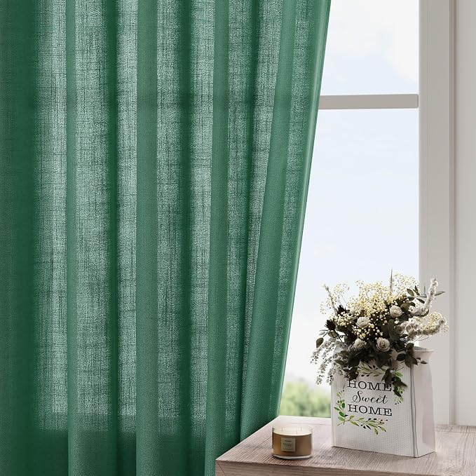 Dark Green Linen Curtains 102 Inches Long Rod Pocket Back Tab Drapes 2 Panels - Image 4