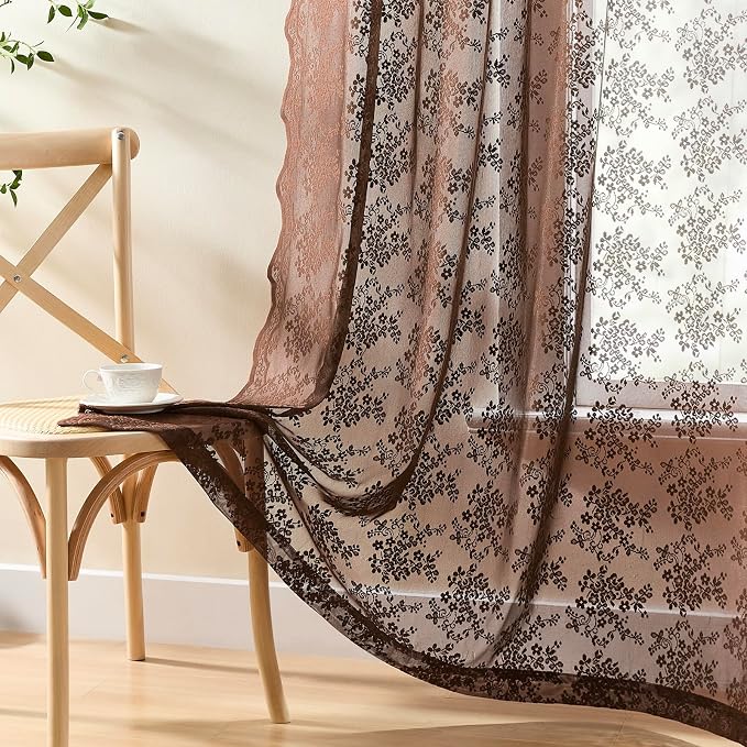 YJ YANJUN Vintage Lace Curtains 63 Inch Length-Victorian Floral Brown Sheer - Image 4