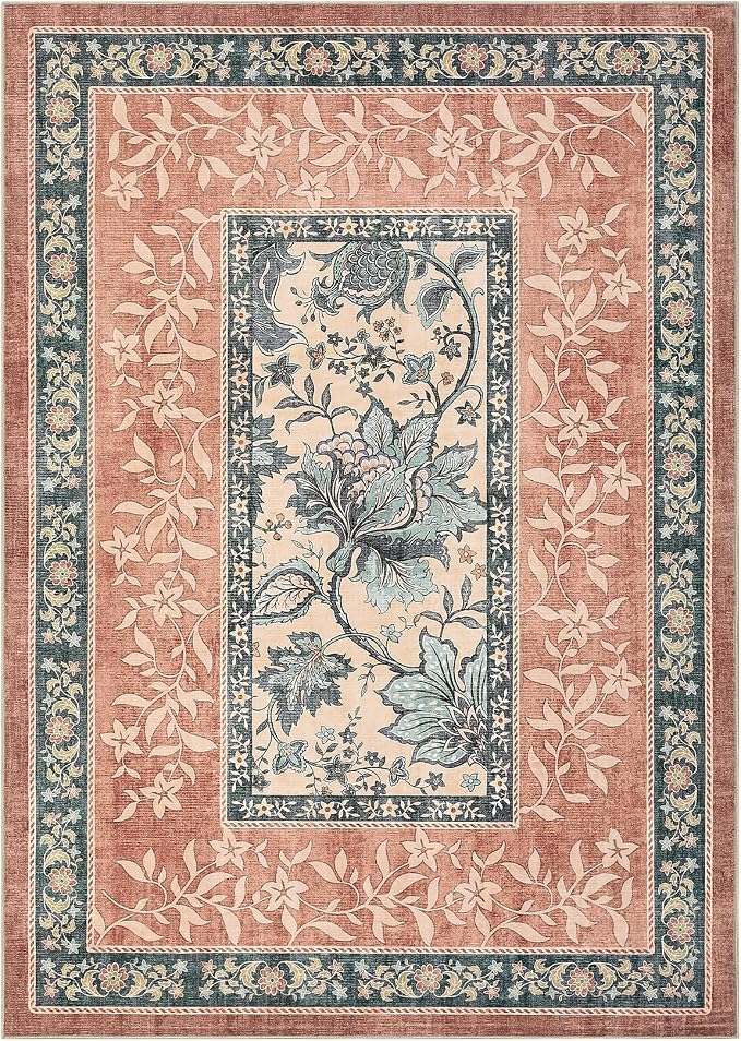 GarveeHome Terracotta Teal Washable 6x9 Area Rugs, Botanical Grove Vintage - Image 9