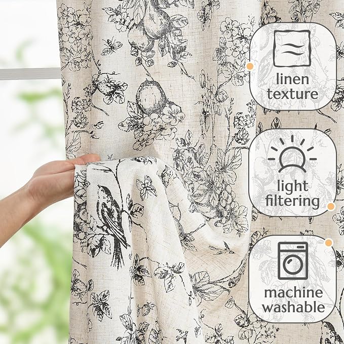 jinchan Linen Floral Curtains for Living Room 96 Inch Length Black Printed - Image 3
