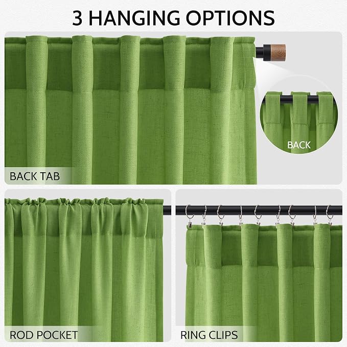 Lime Green Linen Curtains 84 Inches Long, Back Tab Light Filtering Semi Sheer - Image 3