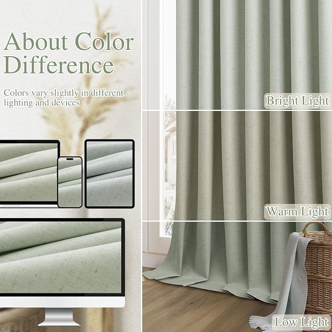 Guken Mist Sage 100% Blackout Linen Curtains 96 Inch Length 2 Panels Set - Image 7