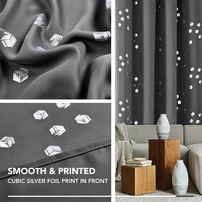 Deconovo Designer Series Silver Cubic Print Blackout Curtains - Image 6
