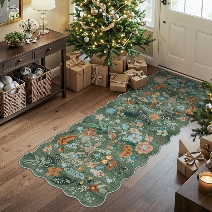 2x5 Washable Kitchen Area Rug: Floral Scalloped Entryway Runner Farmhouse by HYHAOYUNLAI