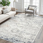 5x7 Area Rugs Blue Ivory Low Pile Indoor Washable Trendy Faded Style Rugs - Image 2