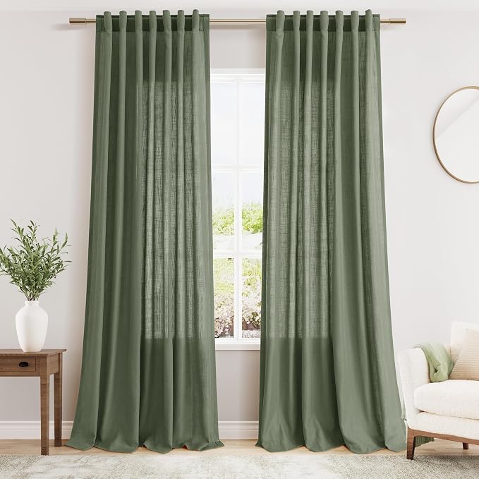 Olive Green Linen Curtains 90 Inch Length 2 Panels Set by Nanspring