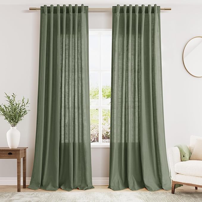 Extra Long Curtain 108 Inches Long 2 Panels Set Back Tab Olive Green Linen by Nanspring