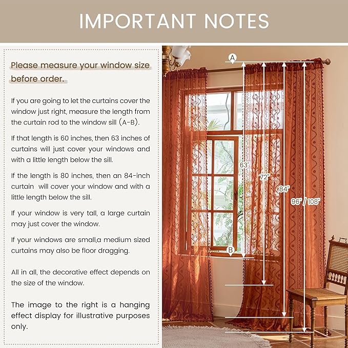 WAZZIO Boho Lace Curtains 90 Inch 2 Panels-Vintage Sheer Panel Drape Floral - Image 8