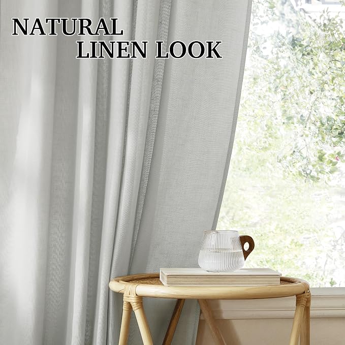 RYB HOME Grey Linen Sheer Curtains & Drapes, Back Tab 95 inches Easy Sliding - Image 7
