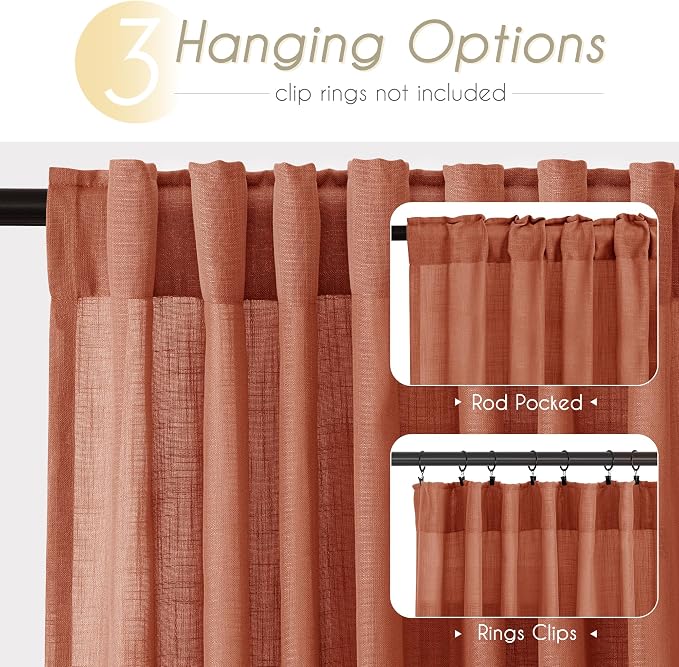 63 inch Linen Terracotta Curtains 2 Panels - Image 2