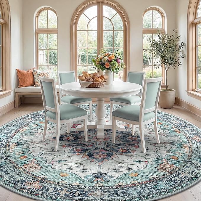 Area Rugs 8ft Washable Non-Slip, Floral Vintage Distress Print Pattern - Image 2