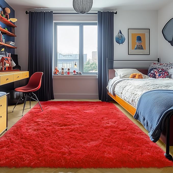 ONASAR Red Area Rugs for Bedroom Living Room, Fluffy 4x6 Indoor Bedside Floor by ONASAR