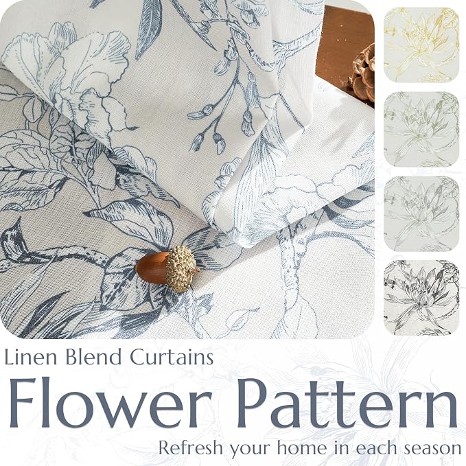 jinchan Floral Curtains 90 Inch Length Blue Flower Linen Farmhouse Curtain - Image 4