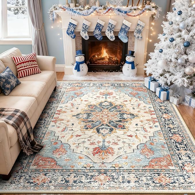 Area Rugs 8'x10' Washable Non-Slip, Floral Vintage Distress Print Pattern - Image 2